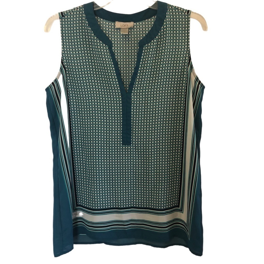 𝅺Loft Teal Vneck Dot Print Sleeveless Blouse Size Small